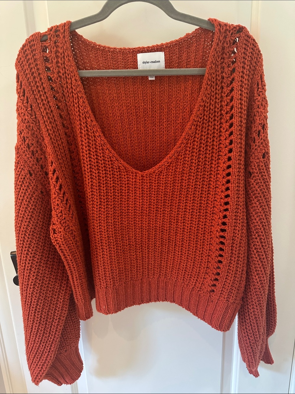 Skylar + Madison Burnt Orange Open-Knit V-Neck Sweater
